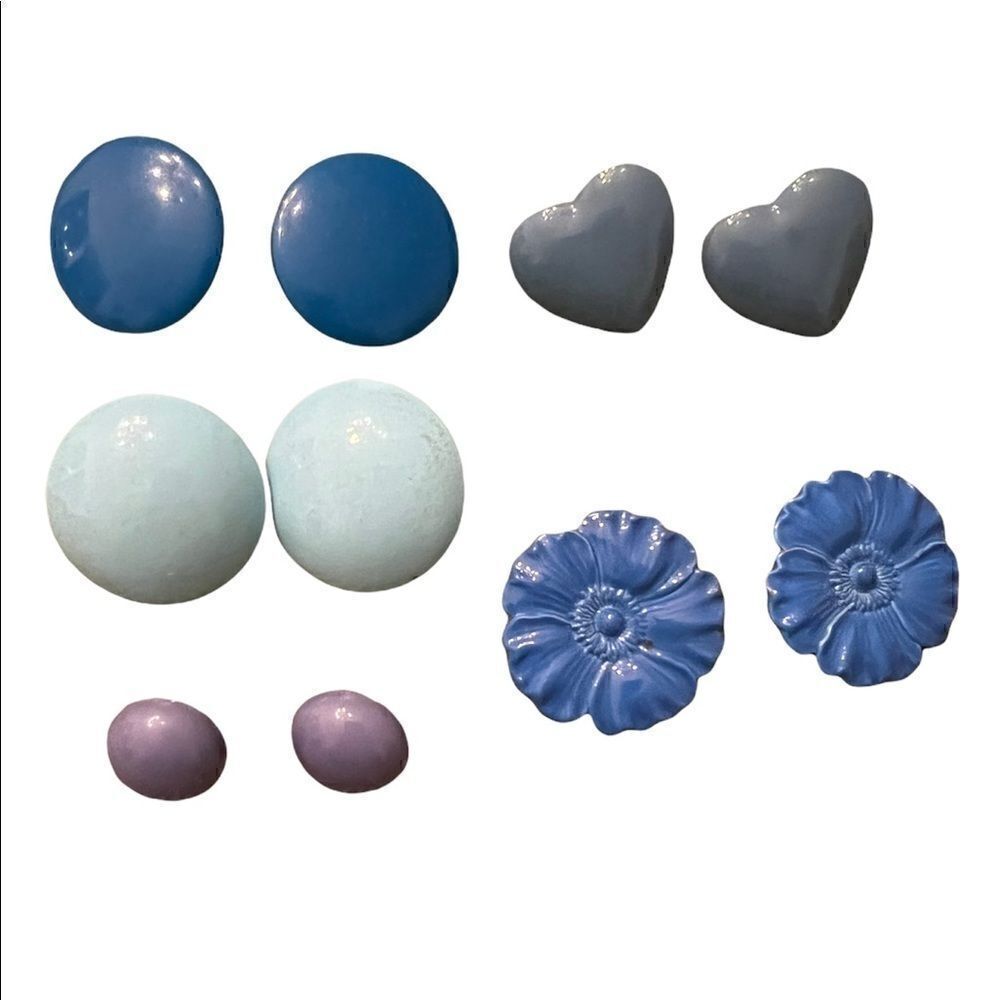 5 pair of blue colored earrings flower heart and dots gently used